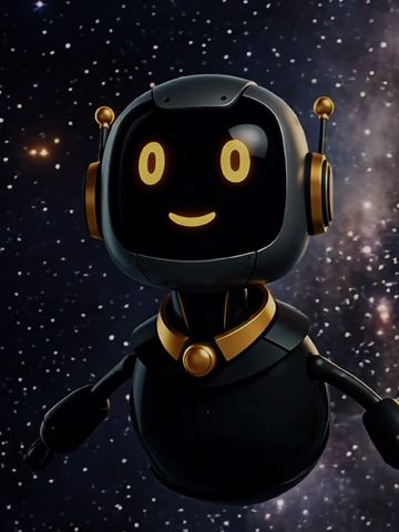Brendan, the t-ai-t consultancy assistant: a friendly black and gold robot with glowing eyes and a smile, floating among the stars