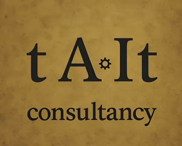 t-ai-t consultancy logo: the letters t, A, a cog, I and t in black serif type on parchment